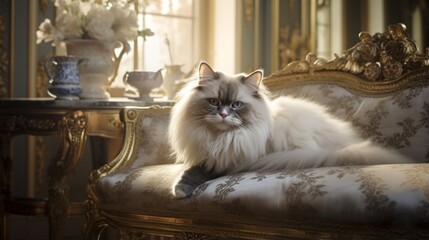 an elegant image of a Ragdoll cat in a French chateau with ornate furnishings