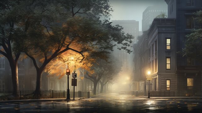 an elegant urban nature scene with a subtle mist that adds an ethereal quality to the image