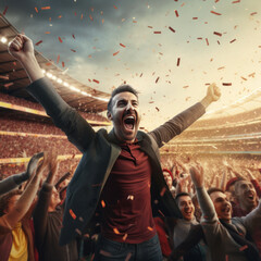 Euphoric fan celebrating in a large football stadium in high resolution and high sharpness - obrazy, fototapety, plakaty