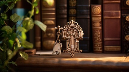 an enchanted library key with a book-shaped keychain in a magical library door