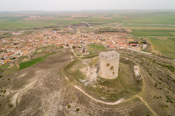 Aerial drone view of the town of Mota del Marques, Valladolid. Spain