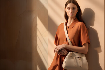 Model in a shirtdress with anbag