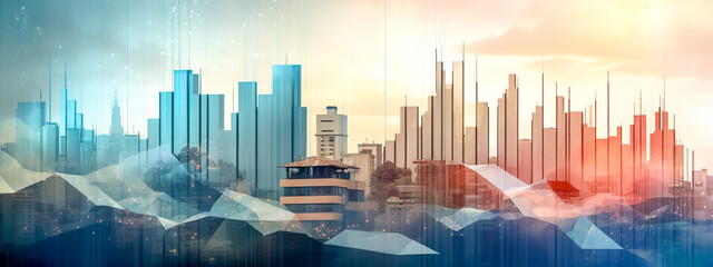 Fototapeta na wymiar cartoon art smart digital modern city with financial center and skyscrapers, banner