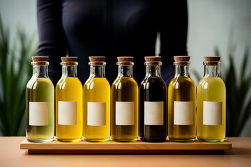 Artisan hand applying labels to olive oil bottles isolated on a pastel gradient background 