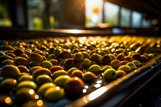Detailed capture of cold press machinery transforming harvested olives into premium oil 