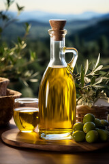 Bottled organic olive oil arranged artistically fresh harvest in the background with empty space for text 