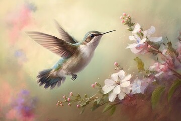 Hummingbird bird. Hummingbirds and flowers. AI generated