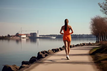 Fotobehang Woman in an orange tracksuit jogging © SappiStudio