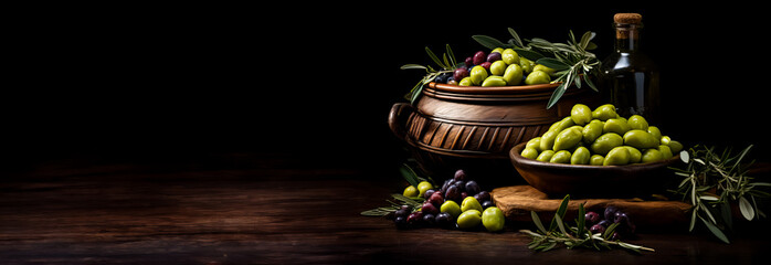 Mature olives fermentation in barrels isolated on a dark gradient background 