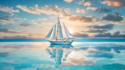   the serenity of a ship with a white sail gracefully sailing on turquoise waters. As the white clouds drift by and the sun sets, the reflection on the calm waters creates an idyllic and romantic seas