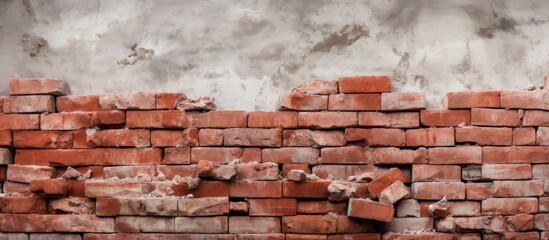 Wall constructed with stacked red bricks and plaster components at the construction site