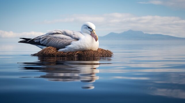 an image of an albatross resting on a calm sea, its reflection mirrored below