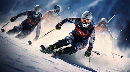 an image of an alpine skiing competition with athletes racing downhill - obrazy, fototapety, plakaty