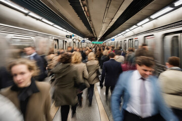 Crowds of people hurrying to catch a train to work during morning rush hour at a subway station. Frantic passengers taking public transport at a underground metro station, rushing to board their ride. - obrazy, fototapety, plakaty
