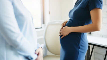 Obraz premium Generative AI, happy pregnant woman at a doctor's appointment, healthy pregnancy, expectant mother, big belly, expecting childbirth, bearing children, maternity hospital