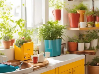 Embrace the warmth of a sunlit kitchen corner adorned with a coffee mug and vibrant plants.

