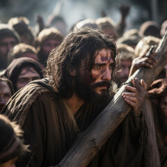 Jesus of Nazareth carrying the cross with a sad face among the crowd