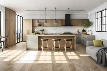 modern living room with kitchen