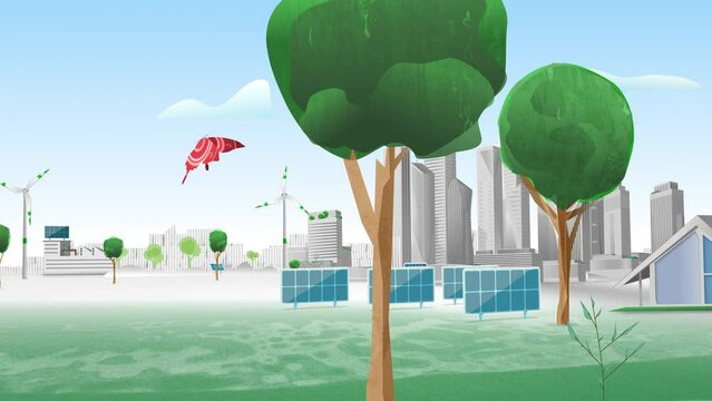 A city with renewable energy resources that provide environmental benefit. Recycling,  trees parks, photovoltaic solar panels, windmills and wind turbines contribute to an ecological living.
