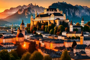Superb summer view of Old town of Salzburg. Colorful sunset cityscape of Salzburg with  