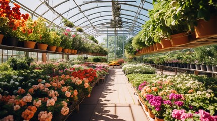 an image of a bustling greenhouse with rows of thriving plants and flowers
