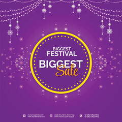 Happy Diwali biggest sale purple background with light decoration social media story post or poster and banner design vector file