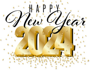 Happy New Year 2024 Sign Text for Cards and invitations in Black and Gold 3D Look with Confetti Falling and Gathering on the Ground New Years Ads