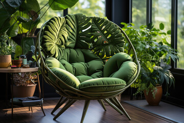 Green comfortable chair in monstera leaf style
