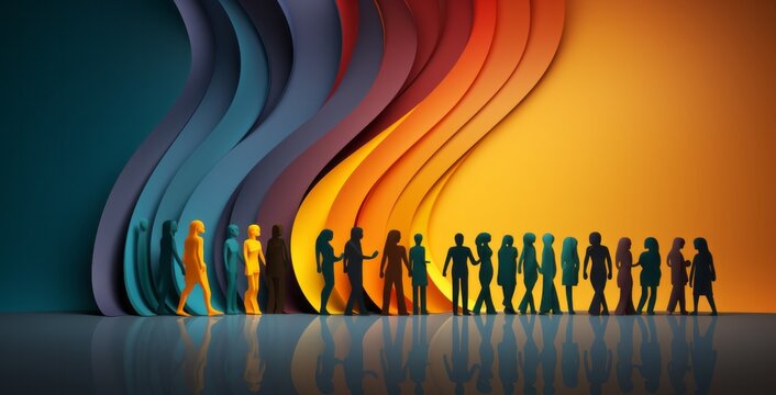 Illustration of a colourful group of people standing together, Gender diversity concept art - created with Generative AI technology