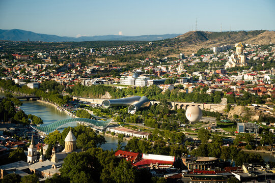 Aerial view of the center of Tbilisi with the concert hall and Kura river