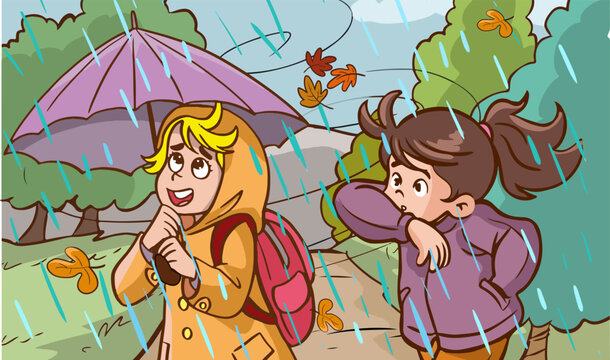 Illustration of a cute little Girls Having a Rainy Day