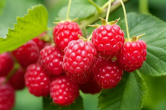 Mature raspberries on a garden branch. Generative AI