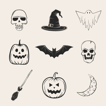 Halloween icons set, black and white flat icons