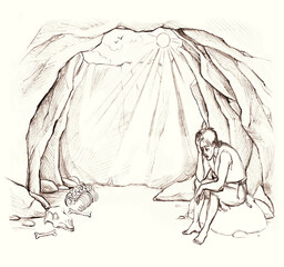 Obraz premium Pencil drawing. The guy fell into a big hole