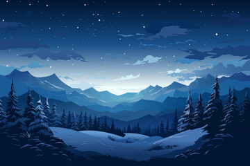 Christmas night. Night winter landscape of forest and mountains. Beautiful snow-capped mountains, forest, trees, snowdrifts and an amazing night sky with stars and clouds.  © LoveSan