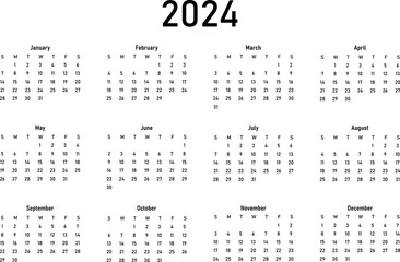 Calendar 2024 year. Week Start on Sunday. PNG