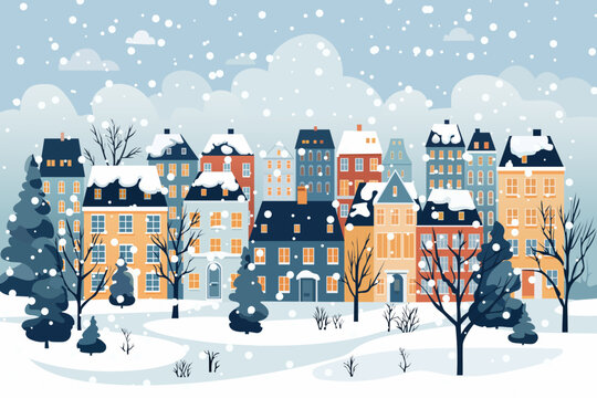 Landscape of a winter city. Beautiful cartoon vector illustration of cheerful colorful houses in snowy weather. City at Christmas time.