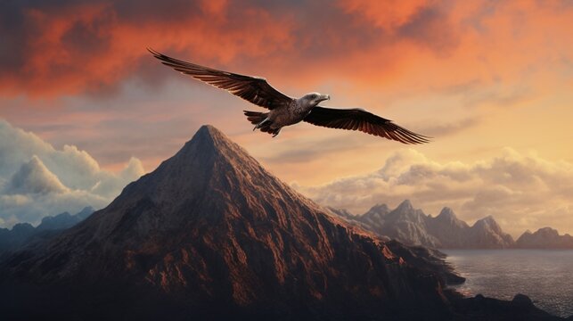 an image of a graceful pterodroma bird soaring above a volcanic island