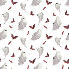 Halloween cartoon texture: seamless pattern with ghost and bat. Funny and spooky background design