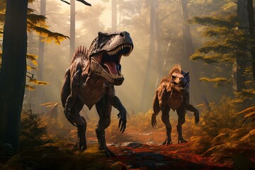 two dinosaurs walk through forest. Generative AI