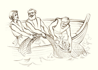Fototapeta na wymiar The fishermen pull the net into the boat. Pencil drawing