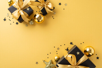 Ring in the New Year in style with an elegant display of black gift boxes adorned with silk ribbons, gold baubles, star ornaments, and confetti on a sleek gold backdrop, ready for your festive message