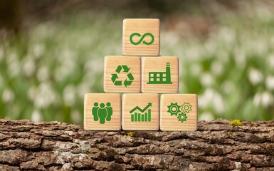 Circular economy icons on wooden cubes on a nature background.
