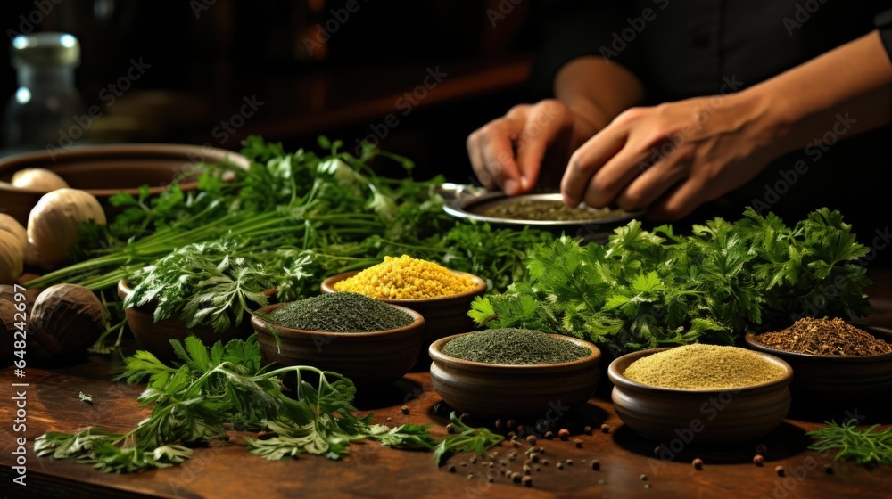 Poster a person is preparing a variety of spices on a table. generative ai image.