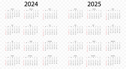 Calendar 2024 and calendar 2025. Week starts from Sunday. Planner template. Vector illustration isolated on transparent background