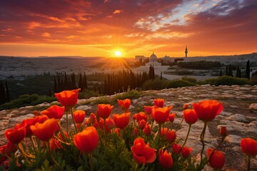 Fototapeta premium Stunning sunrise over historic Jerusalem, showcasing Temple Mount, Dome of the Rock, and Golden Gate; panoramic view from Mount of Olives with vibrant red Anemone flowers, Israel's. Generative AI