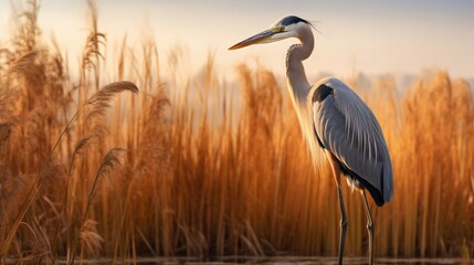 an image of a heron standing tall amidst the reeds - obrazy, fototapety, plakaty