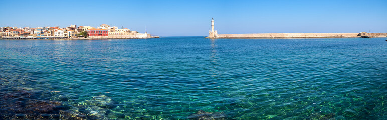 Venetian harbour and lighthouse in Chania. Crete, Greece