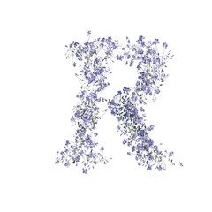 Font made of flowers and leaves, alphabet, font art 3d rendering with transparent background
