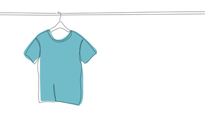 Blue t-shirt - one continuous line drawing. Clean shirt on a hanger - concept for laundry or shop. Man shirt